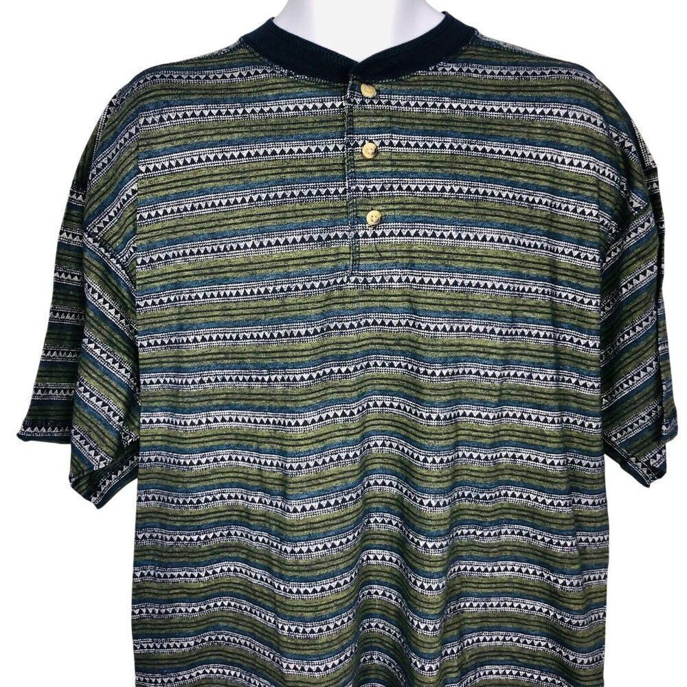 Vintage 90s Chesterfield Henley Shirt Mens XL Blue Green Striped Short Sleeve